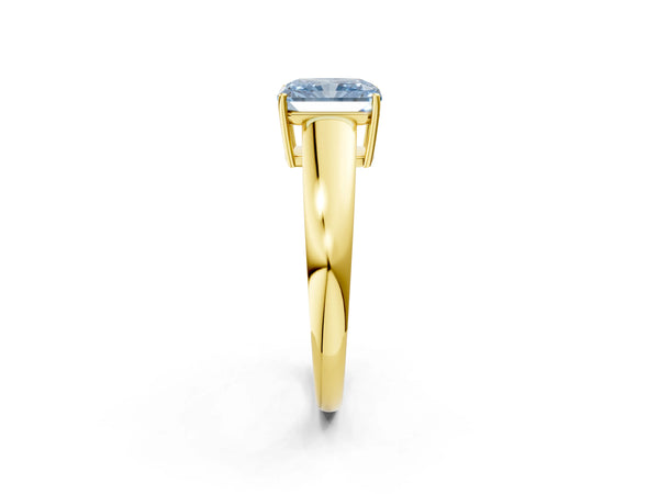 Yellow gold Fancy Blue Radiant  Solitaire Diamond Ring with Tapered Band and Four-Prong Setting