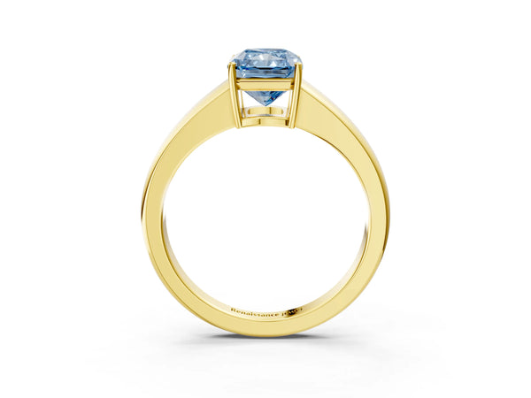 Yellow gold Fancy Blue Radiant  Solitaire Diamond Ring with Tapered Band and Four-Prong Setting