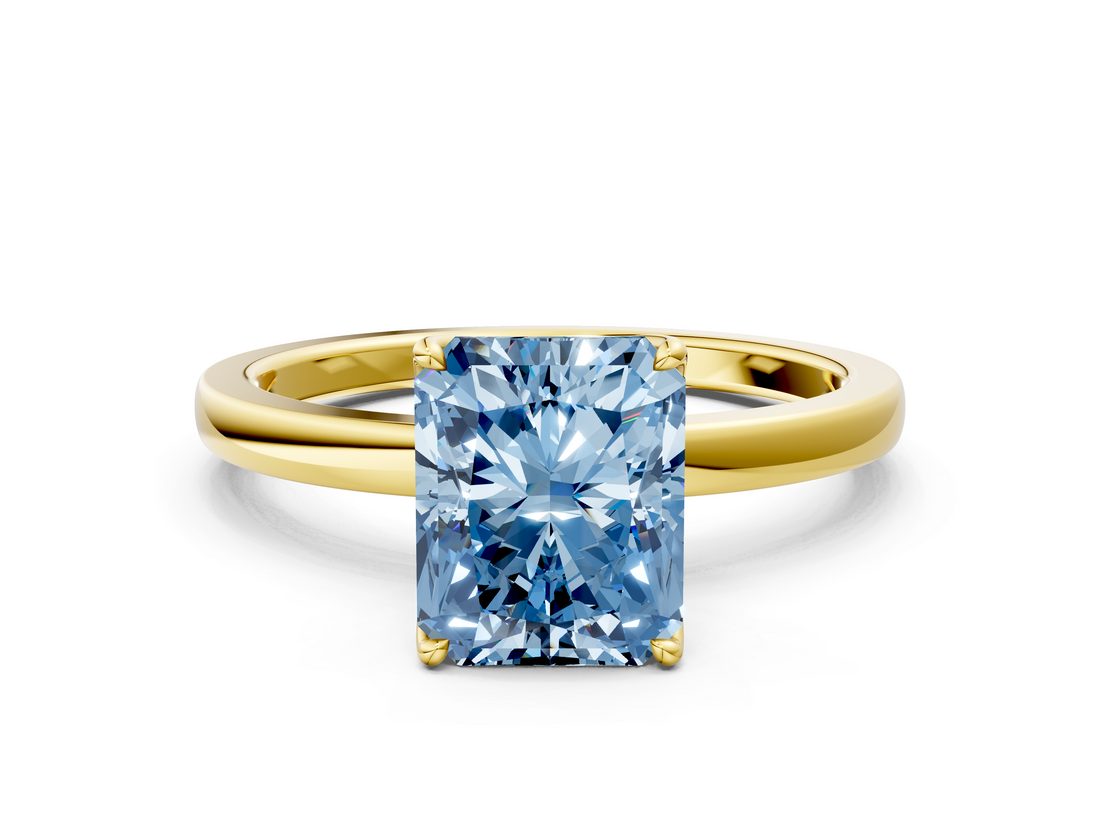 Yellow gold Fancy Blue Radiant  Solitaire Diamond Ring with Thin Band and Four-Prong Setting_3