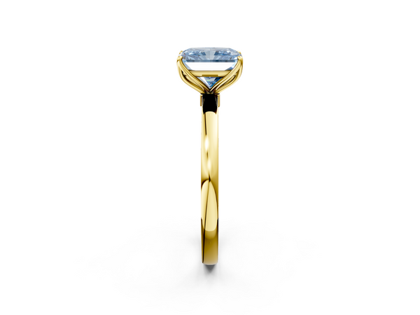 Yellow gold Fancy Blue Radiant  Solitaire Diamond Ring with Thin Band and Four-Prong Setting