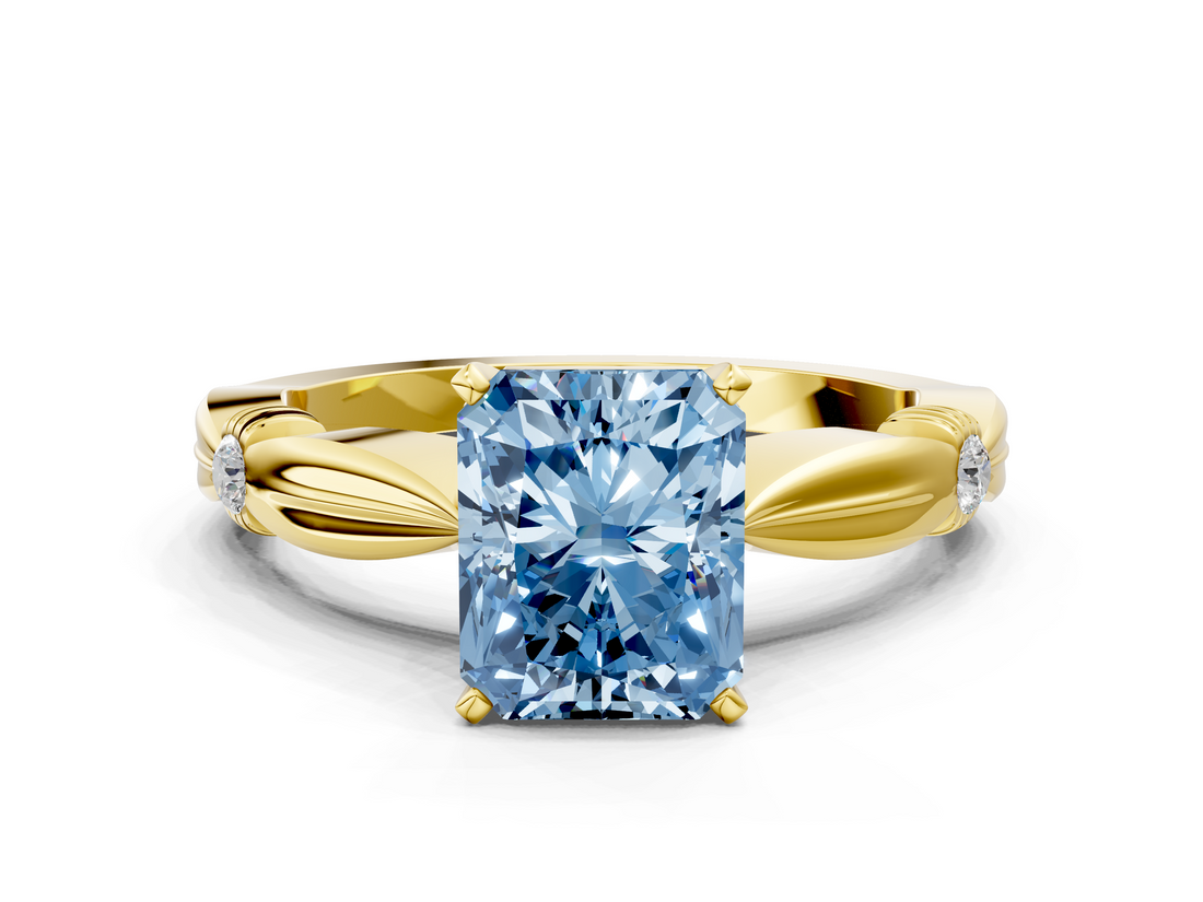 Yellow gold Fancy Blue Radiant  Solitaire Diamond Twisted Band with Four-Prong Setting_45