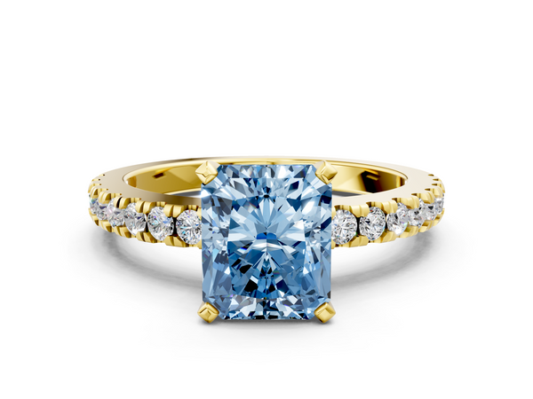 Yellow gold Fancy Blue Radiant Cut Solitaire Diamond with Pavé Band and Four-Prong Setting