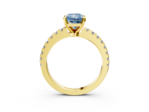Yellow gold Fancy Blue Radiant Cut Solitaire Diamond with Pavé Band and Four-Prong Setting