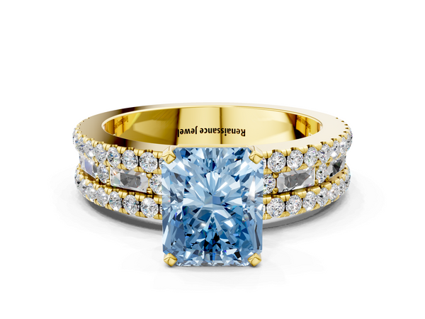 Yellow gold Fancy Blue Radiant Cut Diamond Solitaire Ring with Pavé and Channel Set Band