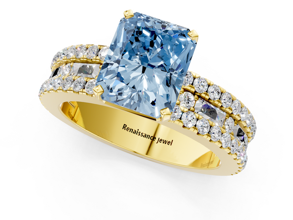 Yellow gold Fancy Blue Radiant Cut Diamond Solitaire Ring with Pavé and Channel Set Band