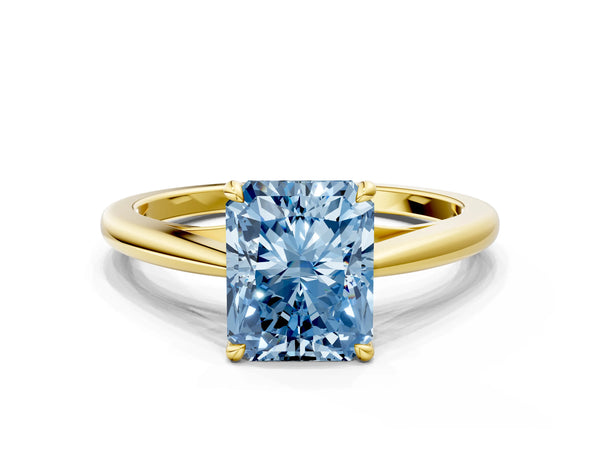 Yellow gold Fancy Blue Radiant  Solitaire Engagement Ring with Four-Prong Setting and Classic Band