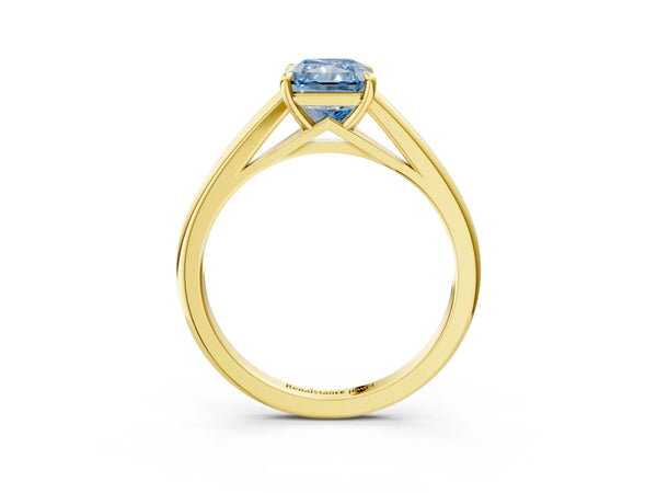 Yellow gold Fancy Blue Radiant  Solitaire Engagement Ring with Four-Prong Setting and Classic Band