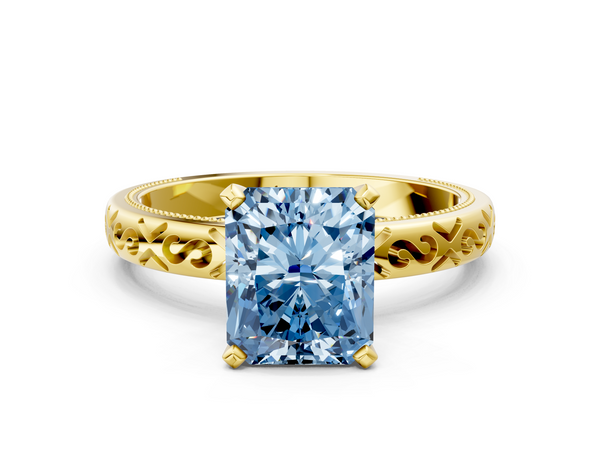 Yellow gold Fancy Blue Radiant  Solitaire Engagement Ring with Scrollwork Band and Four-Prong Setting