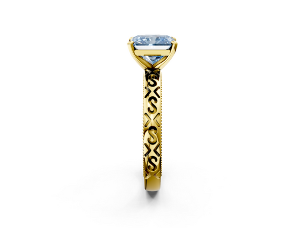 Yellow gold Fancy Blue Radiant  Solitaire Engagement Ring with Scrollwork Band and Four-Prong Setting