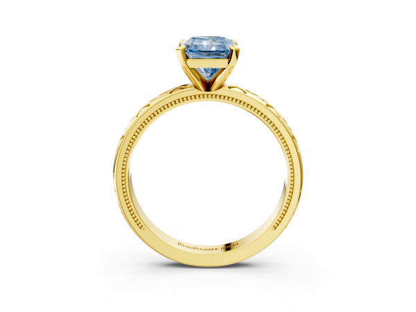 Yellow gold Fancy Blue Radiant  Solitaire Engagement Ring with Scrollwork Band and Four-Prong Setting