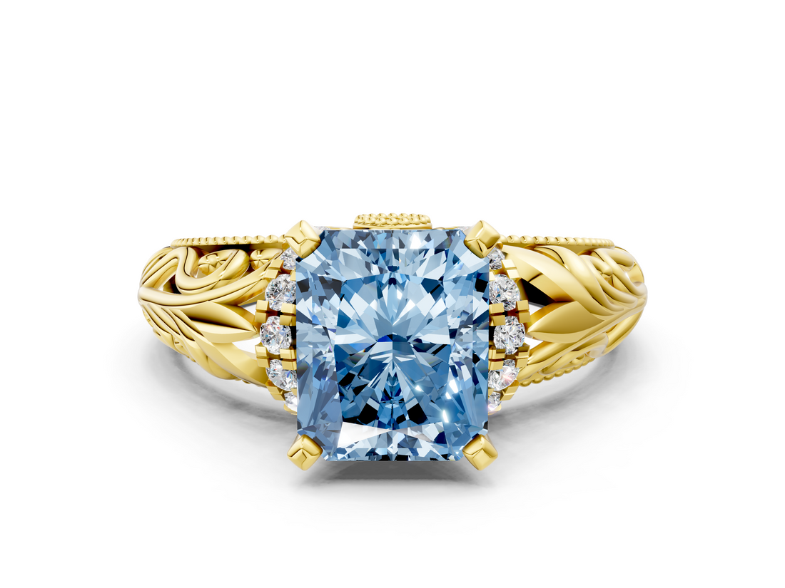 Yellow gold Fancy Blue Radiant  Solitaire Filigree Engagement Ring with Halo and Prong Setting_52
