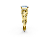 Yellow gold Fancy Blue Radiant  Solitaire Filigree Engagement Ring with Halo and Prong Setting_54