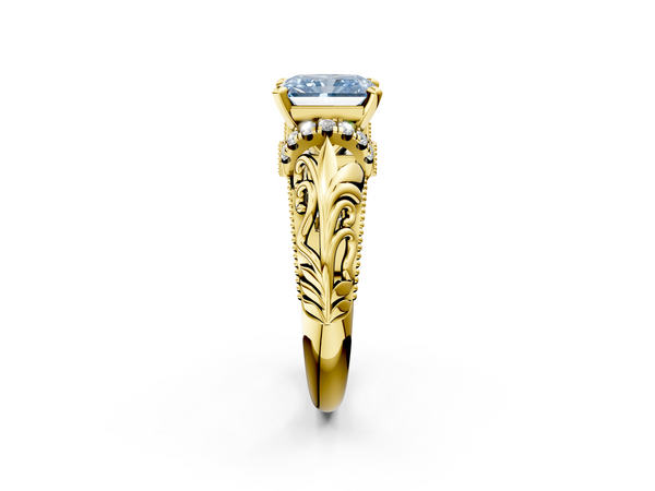 Yellow gold Fancy Blue Radiant  Solitaire Filigree Engagement Ring with Halo and Prong Setting