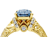 Yellow gold Fancy Blue Radiant  Solitaire Filigree Engagement Ring with Halo and Prong Setting_56