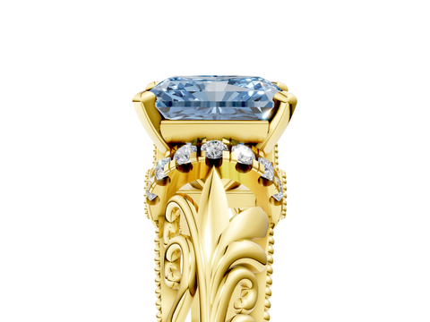 Yellow gold Fancy Blue Radiant  Solitaire Filigree Engagement Ring with Halo and Prong Setting_57