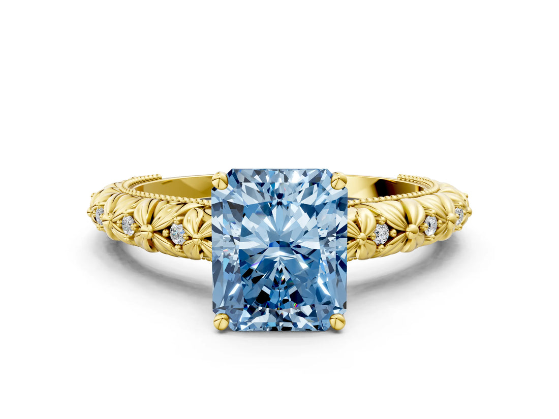 Yellow gold Fancy Blue Radiant  Solitaire Floral Milgrain Engagement Ring_53
