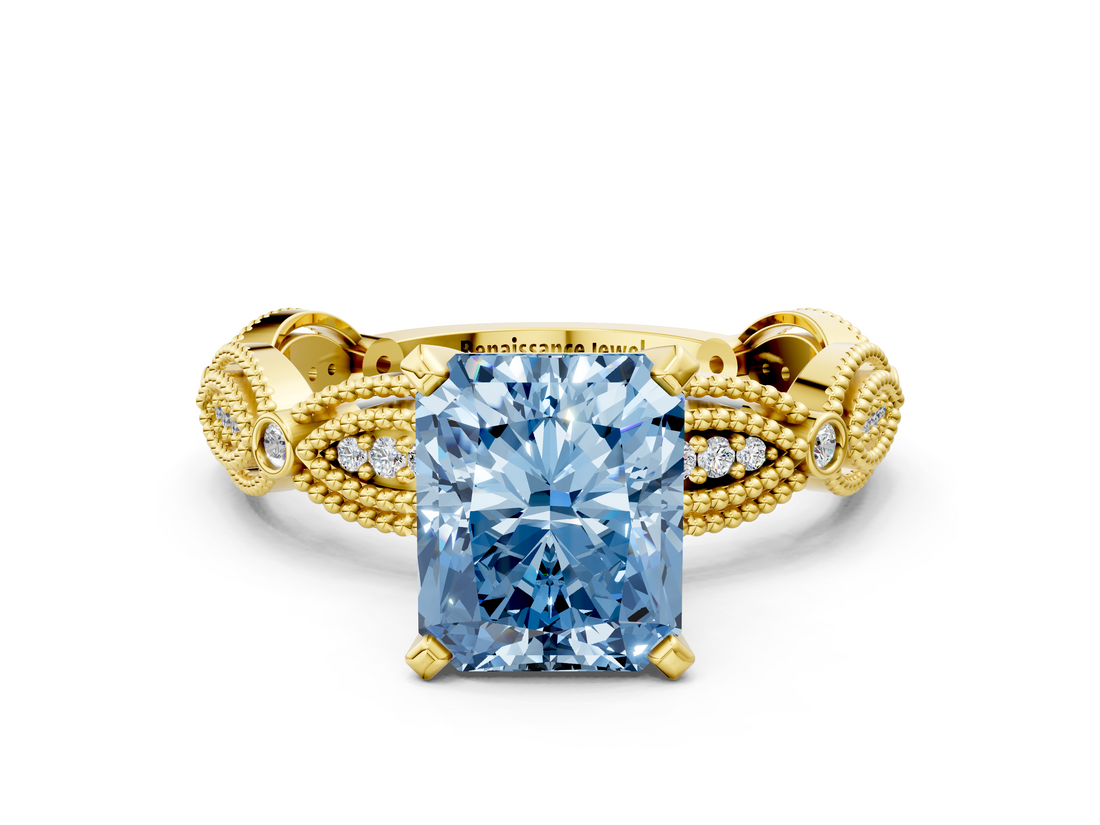 Yellow gold Fancy Blue Radiant  Solitaire Milgrain Diamond Engagement Ring with Bezel and Marquise Band_113