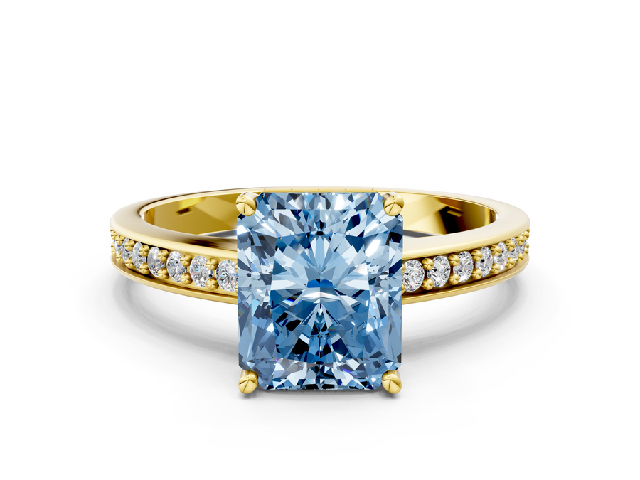 Yellow gold Fancy Blue Radiant  Solitaire Pavé Band Prong Setting Ring