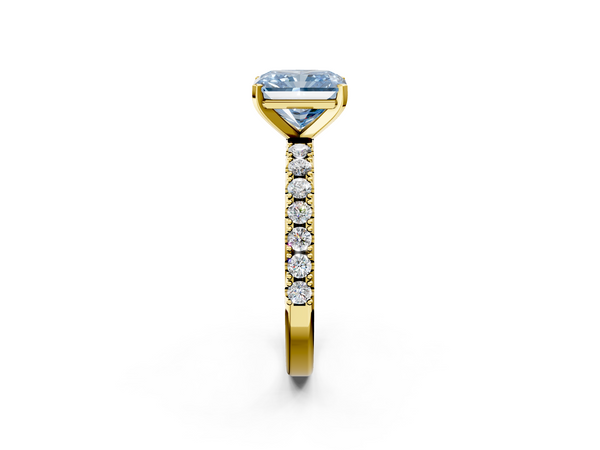 Yellow gold Fancy Blue Radiant Cut Diamond Solitaire Pavé Band with Four-Prong Setting