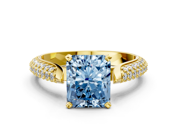 Yellow gold Fancy Blue Radiant  Diamond Solitaire Engagement Ring with Pavé Band and Four-Prong Setting