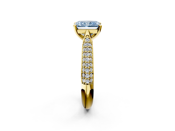 Yellow gold Fancy Blue Radiant  Diamond Solitaire Engagement Ring with Pavé Band and Four-Prong Setting