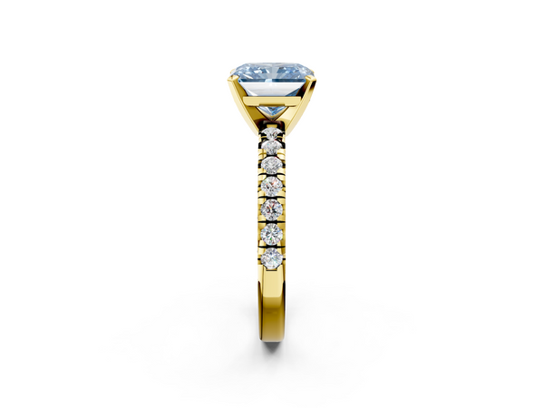Yellow gold Fancy Blue Radiant  Solitaire Pave Diamond Engagement Ring with Four-Prong Setting