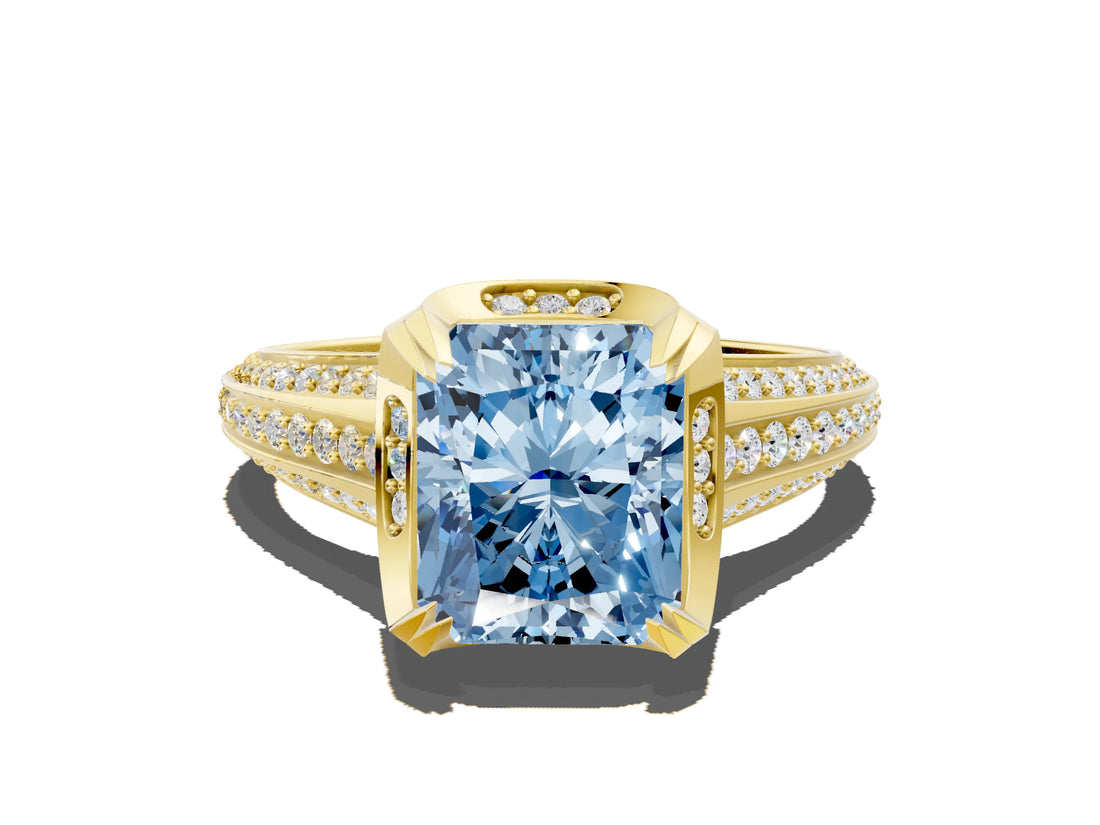 Yellow gold Fancy Blue Radiant  Solitaire Pave Split Shank Ring with Four-Prong Setting_87