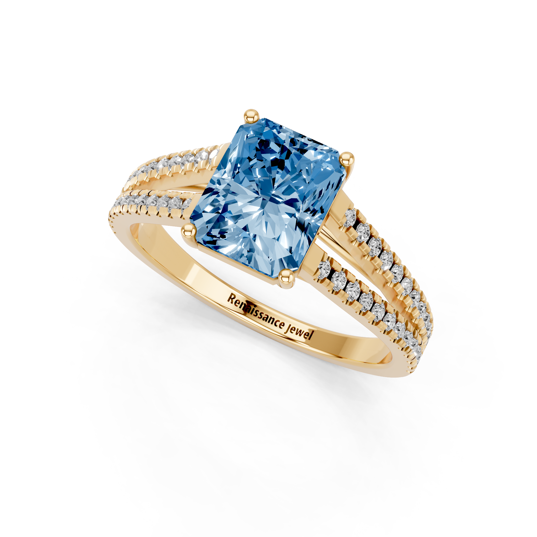 Yellow gold Fancy Blue Radiant  Solitaire Split Shank Pavé Diamond Engagement Ring_253