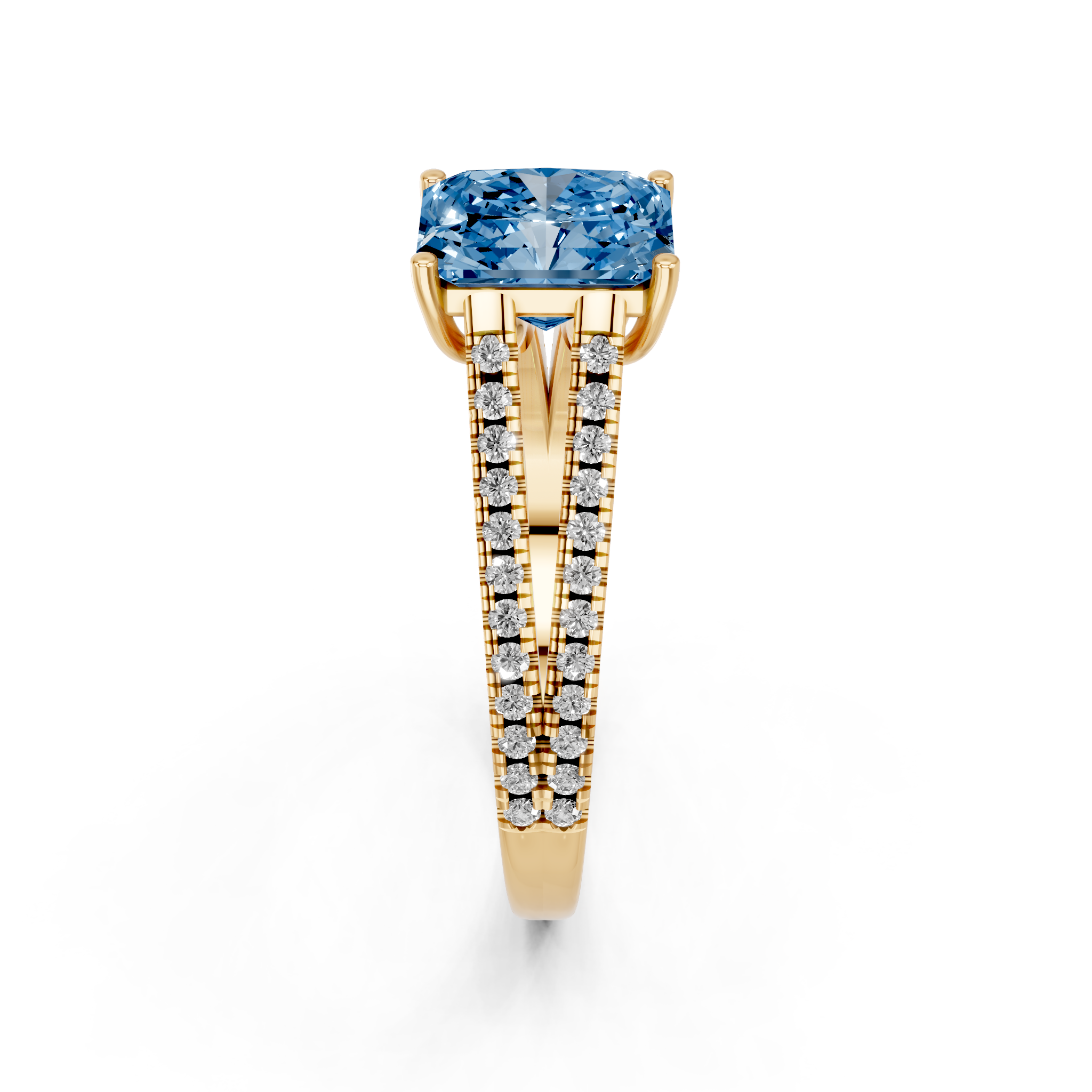 Yellow gold Fancy Blue Radiant  Solitaire Split Shank Pavé Diamond Engagement Ring_254