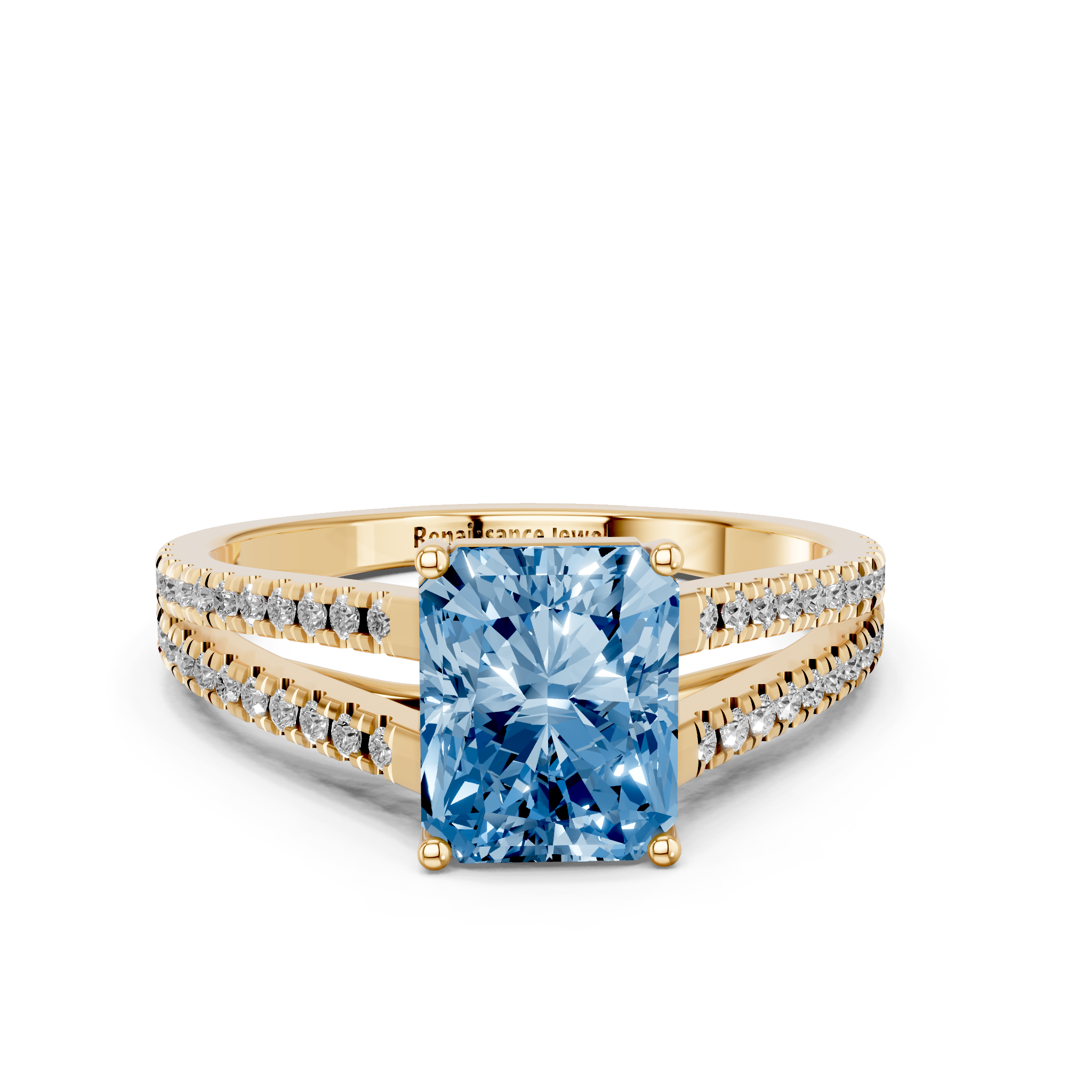 Yellow gold Fancy Blue Radiant  Solitaire Split Shank Pavé Diamond Engagement Ring_261