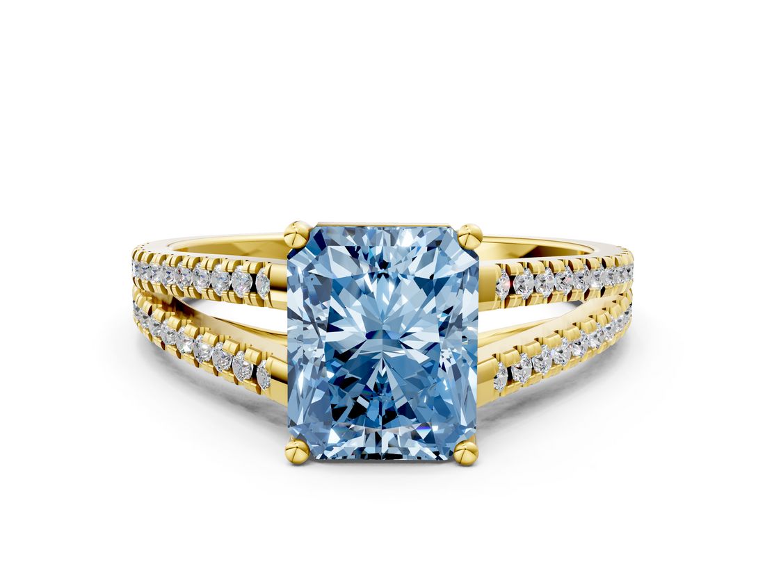 Yellow gold Fancy Blue Radiant  Solitaire Split Shank Pavé Diamond Engagement Ring_384