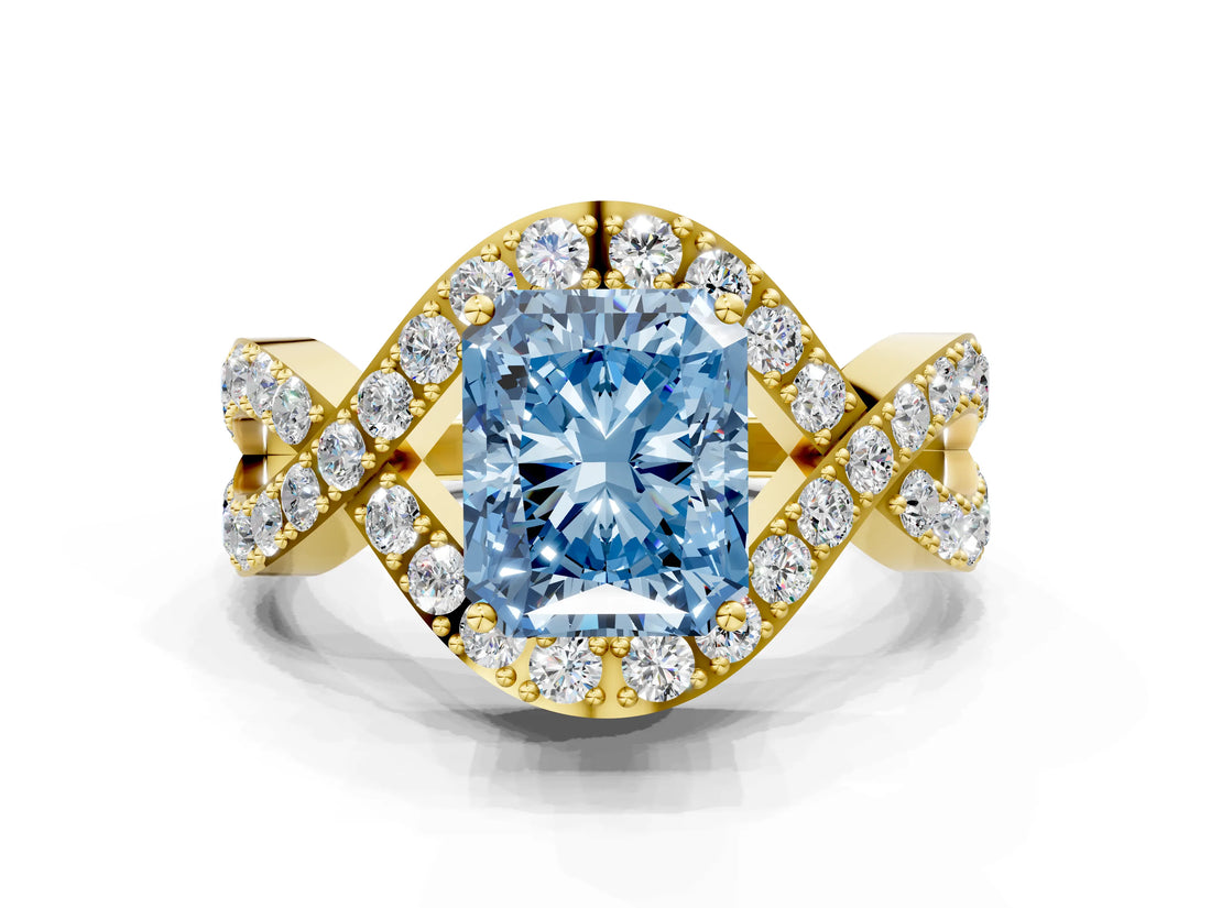 Yellow gold Fancy Blue Radiant  Solitaire Twist Band Pavé Diamond Engagement Ring_56