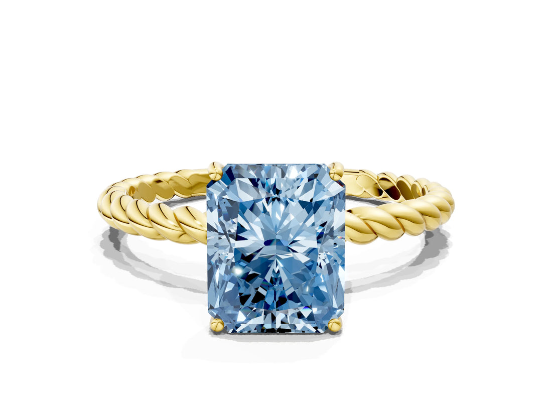 Yellow gold Fancy Blue Radiant  Solitaire Twist Band Ring with Four-Prong Setting_68