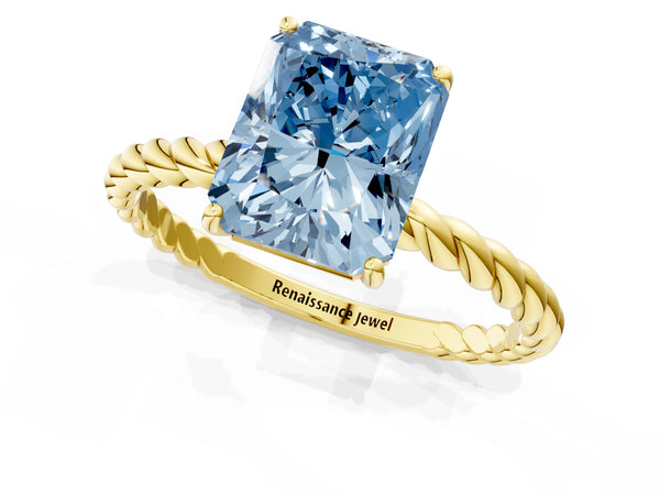 Yellow gold Fancy Blue Radiant  Solitaire Twist Band Ring with Four-Prong Setting