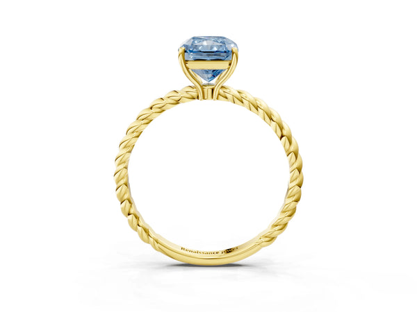Yellow gold Fancy Blue Radiant  Solitaire Twist Band Ring with Four-Prong Setting