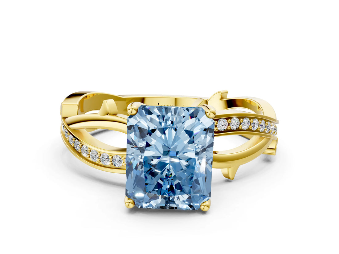 Yellow gold Fancy Blue Radiant  Solitaire Twist Band with Pavé Accents and Four-Prong Setting_20