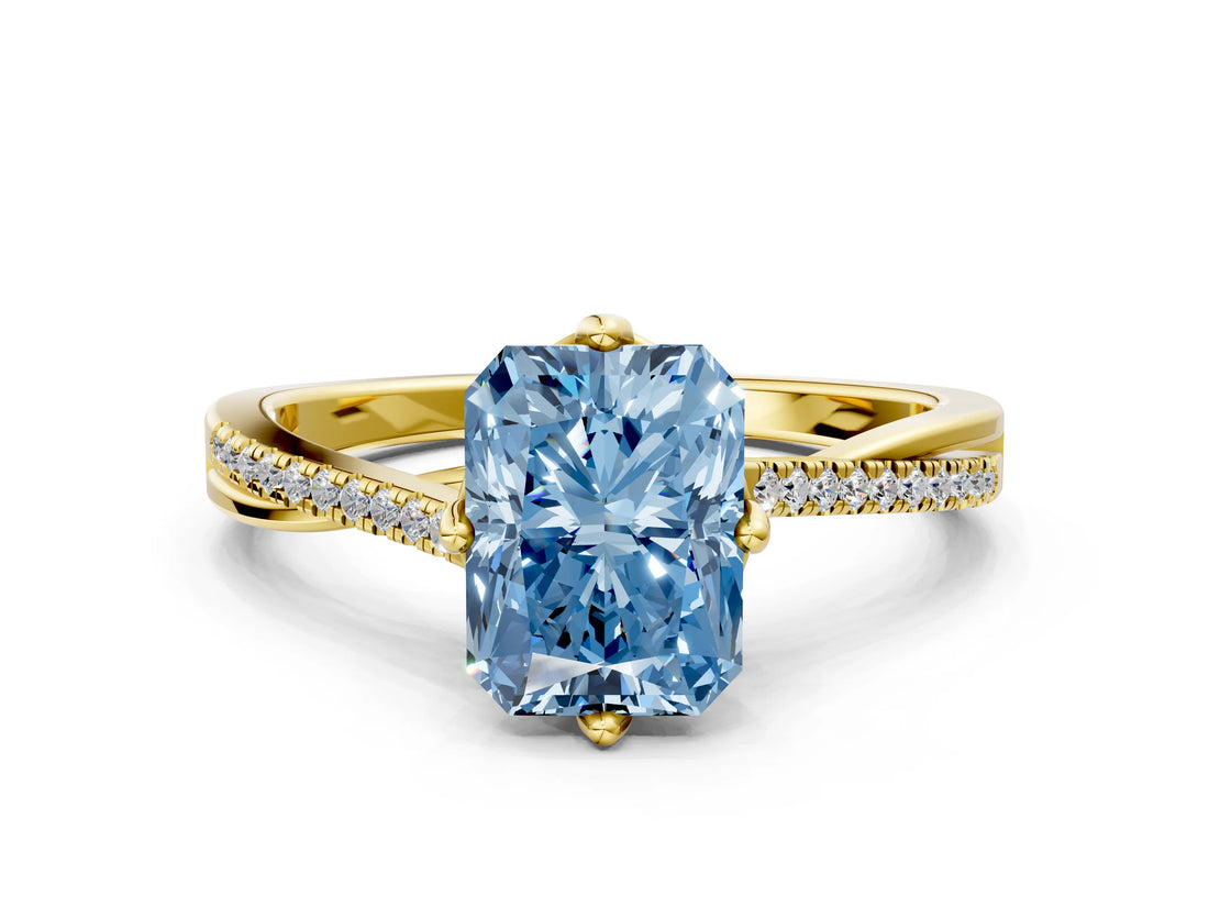 Yellow gold Fancy Blue Radiant  Solitaire Twist Band with Pavé Diamonds and Four-Prong Setting_53