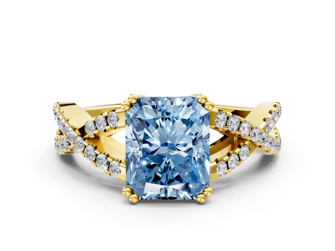 Yellow gold Fancy Blue Radiant  Solitaire Twist Band with Pavé Setting and Four-Prong Setting_36