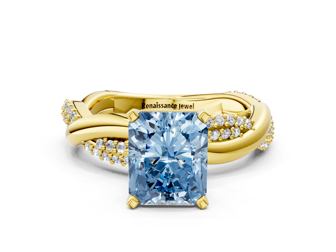 Yellow gold Fancy Blue Radiant  Solitaire Twist Band with Pave Prong Setting_40