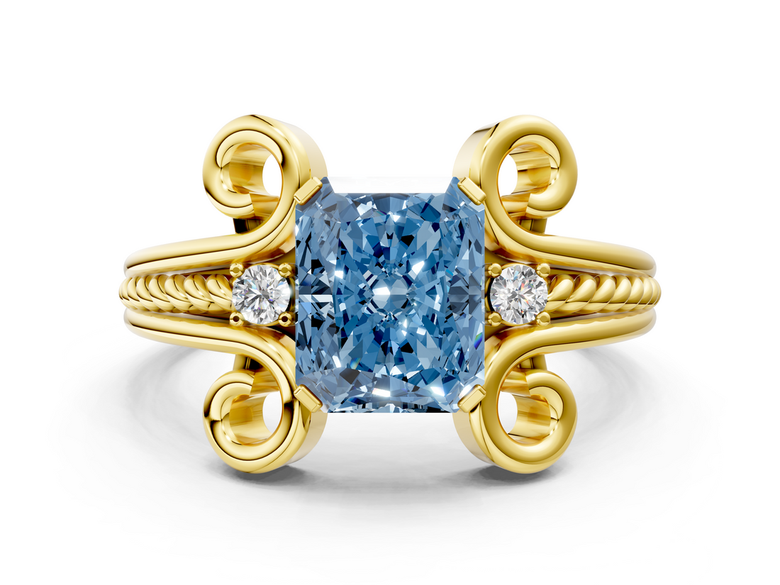 Yellow gold Fancy Blue Radiant  Solitaire Twisted Band Scroll Prong Ring_3