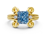 Yellow gold Fancy Blue Radiant  Solitaire Twisted Band Scroll Prong Ring_3