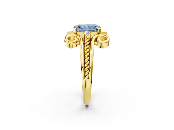 Yellow gold Fancy Blue Radiant  Solitaire Twisted Band Scroll Prong Ring