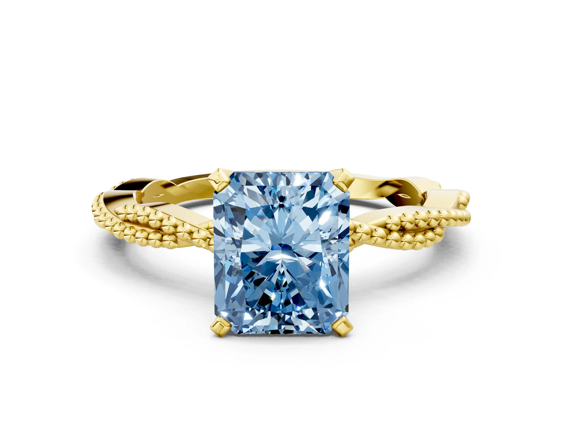 Yellow gold Fancy Blue Radiant  Solitaire Twisted Band with Bead Prong Setting_317