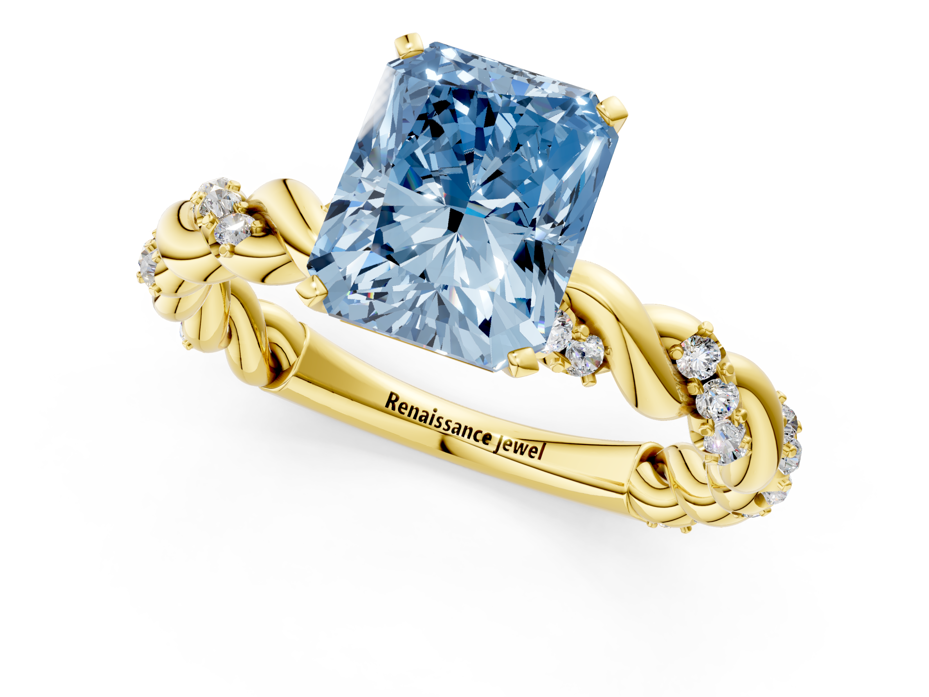 Yellow gold Fancy Blue Radiant  Solitaire Twisted Band with Pavé Accents and Four-Prong Setting_4