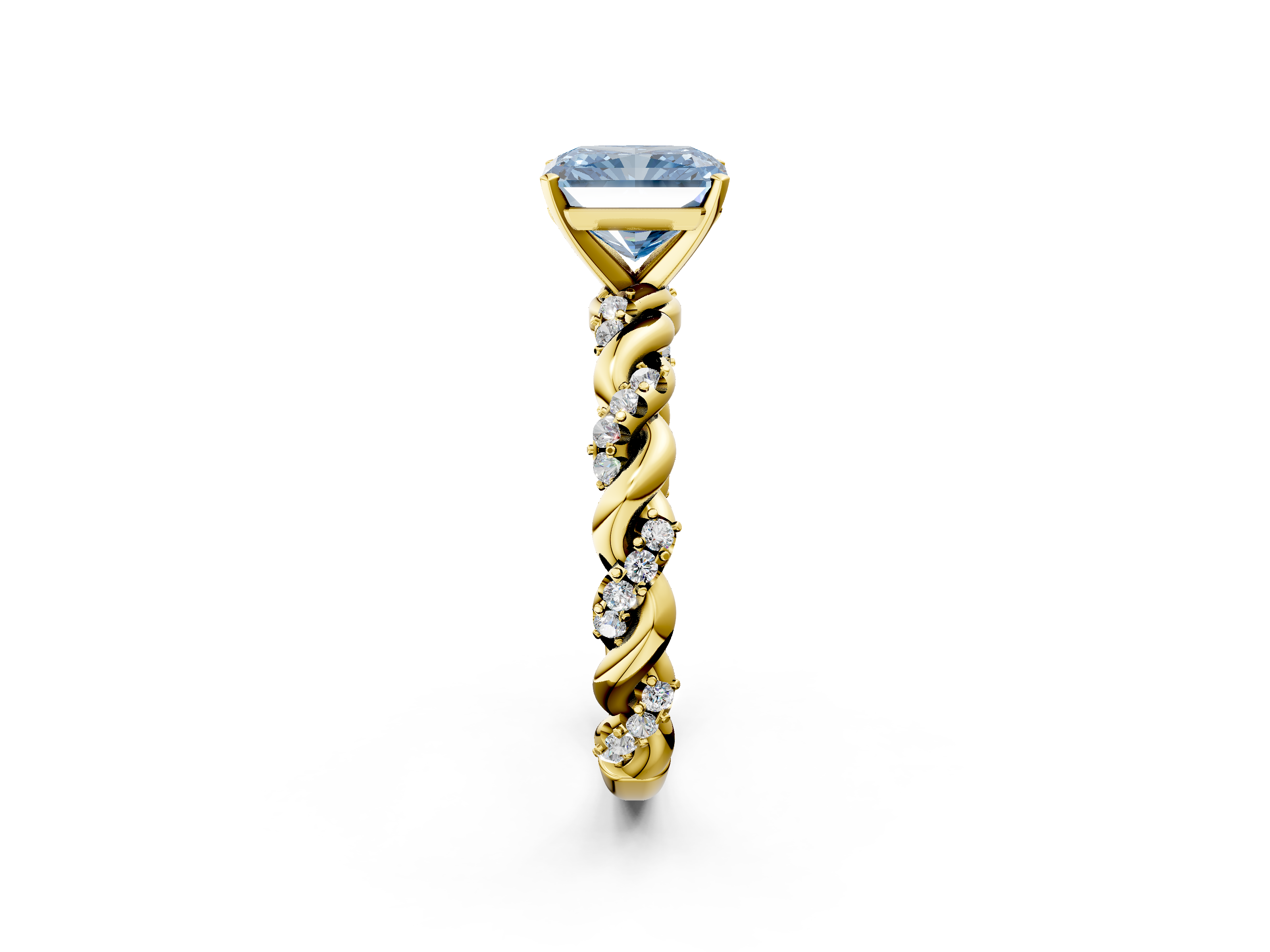 Yellow gold Fancy Blue Radiant  Solitaire Twisted Band with Pavé Accents and Four-Prong Setting_5