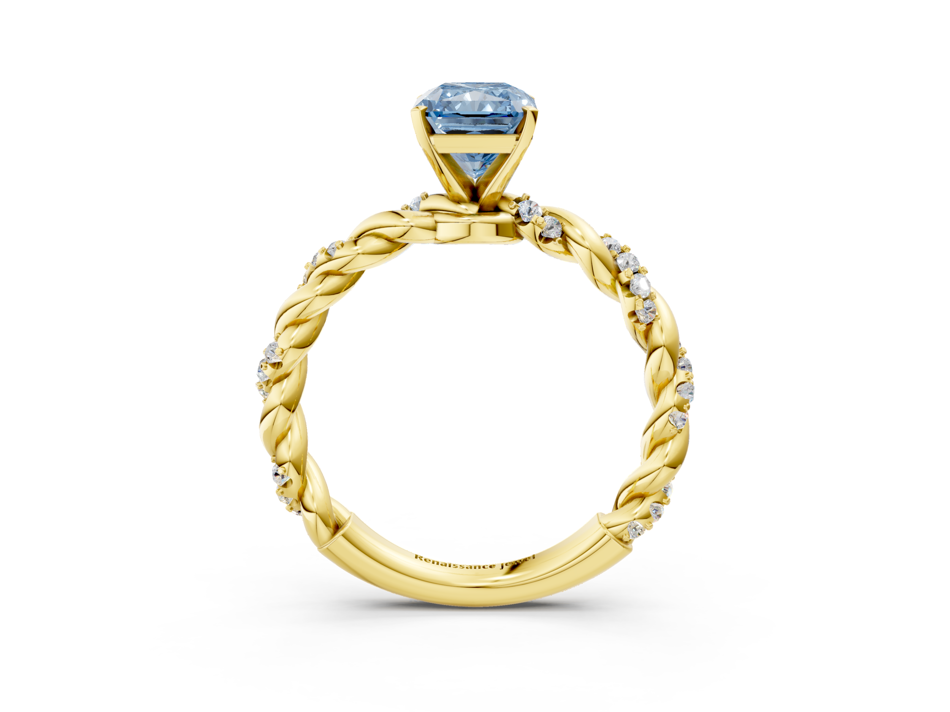 Yellow gold Fancy Blue Radiant  Solitaire Twisted Band with Pavé Accents and Four-Prong Setting_6