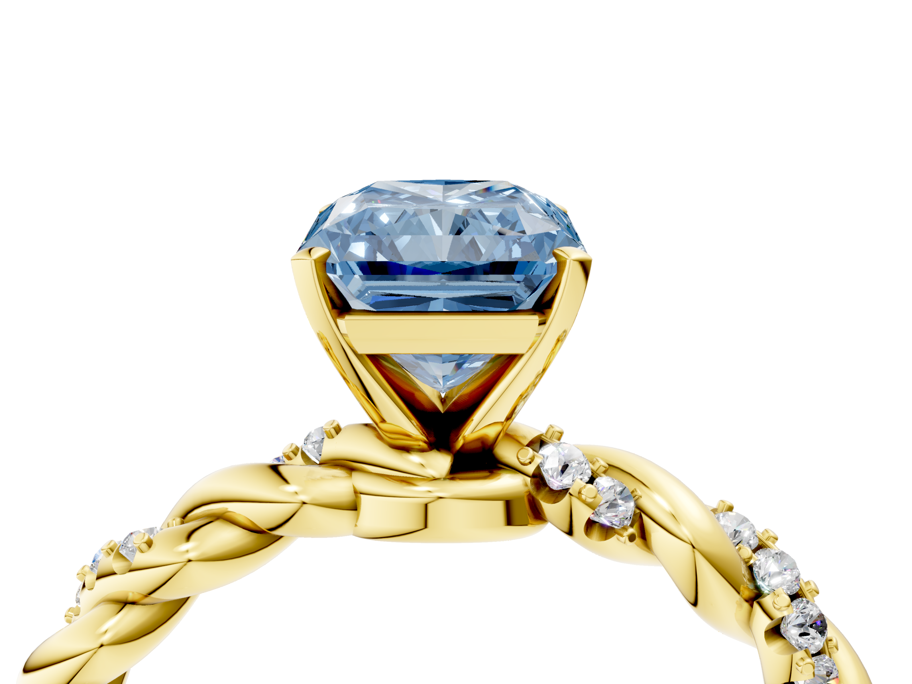 Yellow gold Fancy Blue Radiant  Solitaire Twisted Band with Pavé Accents and Four-Prong Setting_7