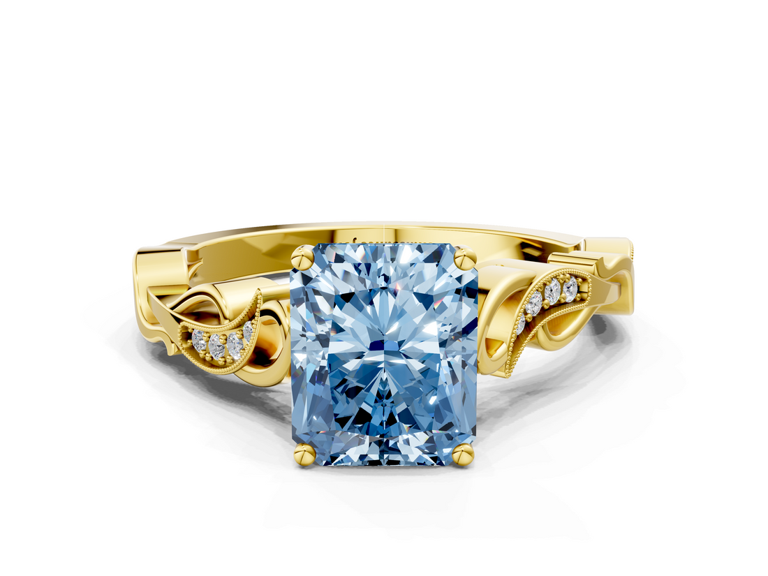 Yellow gold Fancy Blue Radiant  Solitaire Vine Band with Milgrain Prong Setting_3