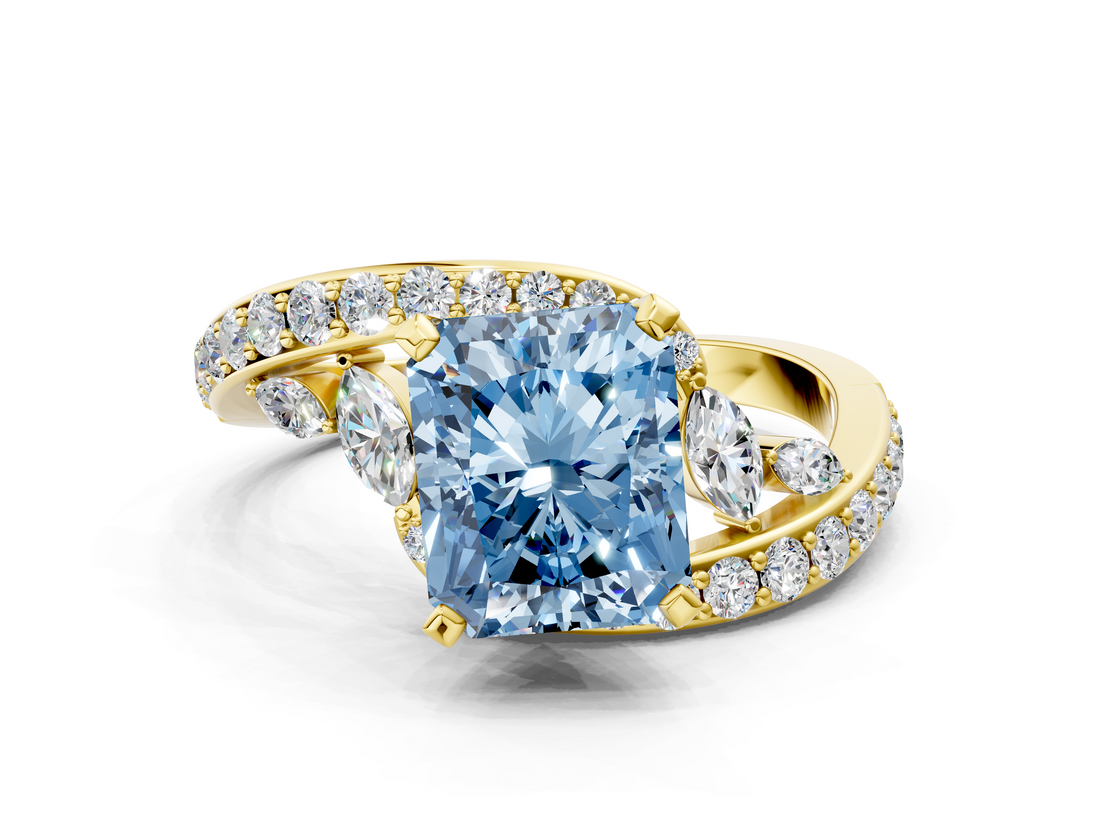 Yellow gold Fancy Blue Radiant  Solitaire with Pavé Twist Band and Four-Prong Setting_60