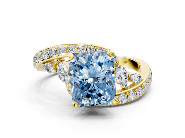 Yellow gold Fancy Blue Radiant  Solitaire with Pavé Twist Band and Four-Prong Setting
